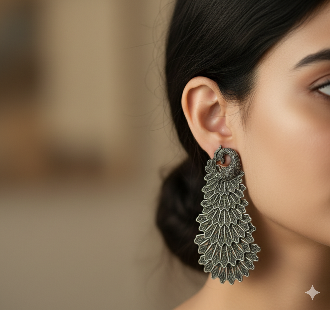 Oxidized Silver Peacock Feather Drop Earrings