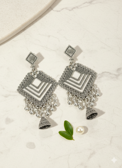 Oxidized Geometric Jhumka Earrings
